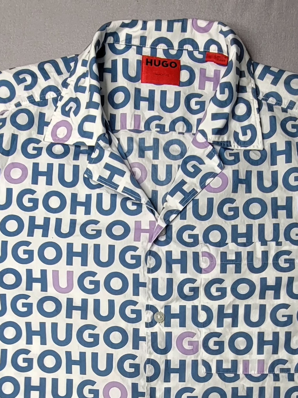 HUGO Logo-Print Short Sleeve Shirt in Blue & Lavender